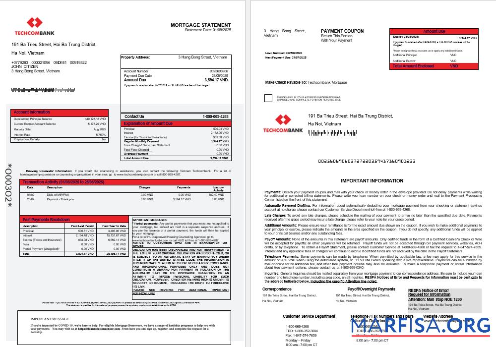 Blank Vietnam Techcombank mortgage statement in Word and PDF formats 1 2 download for verification